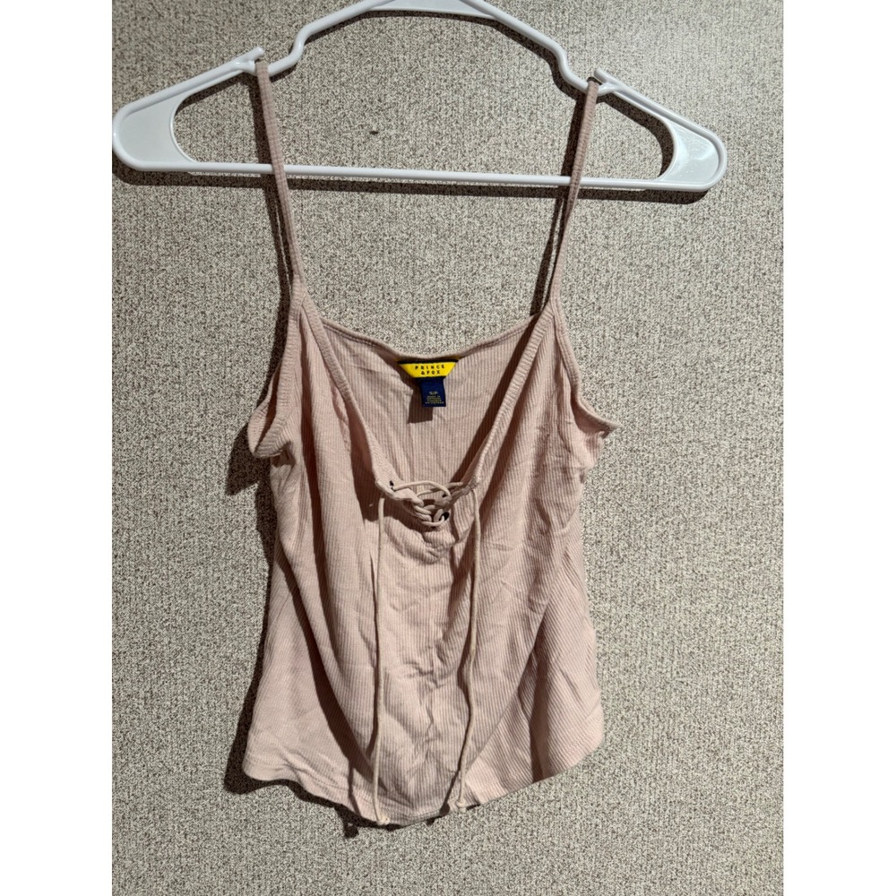 Prince & Fox Women Pink Ribbed Lace Up V-Neck Cami Tank Top Size Small